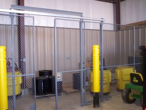 FordLogan - Gray - INDOT Equipment Cage with Double Slide Door - Yellow Bollards - SpaceGuard Products